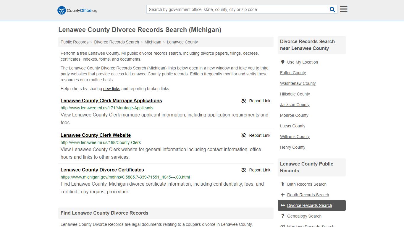 Lenawee County Divorce Records Search (Michigan) - County Office