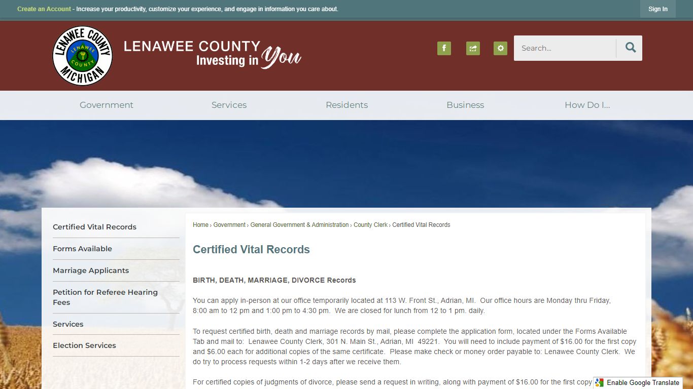 Certified Vital Records | Lenawee County, MI