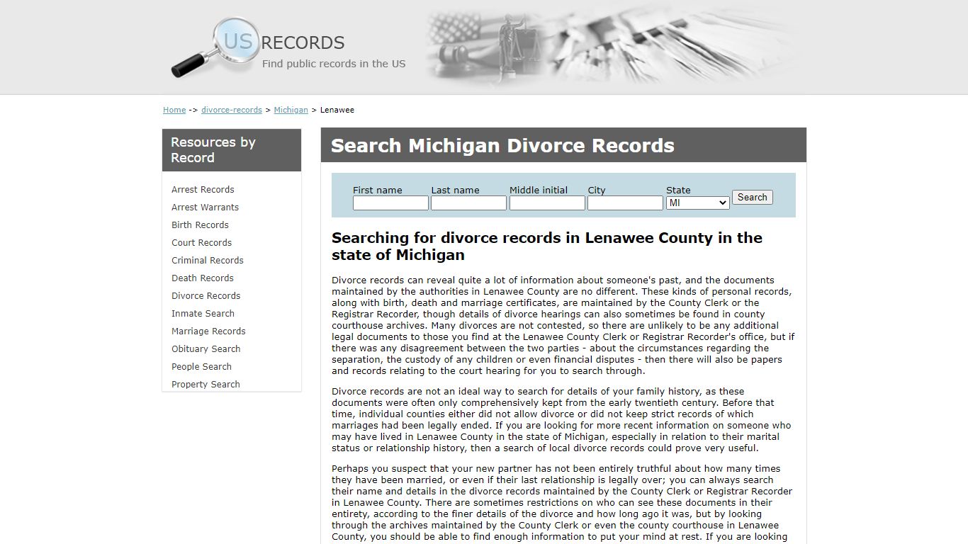 Search Divorce Records Lenawee Michigan | US Records