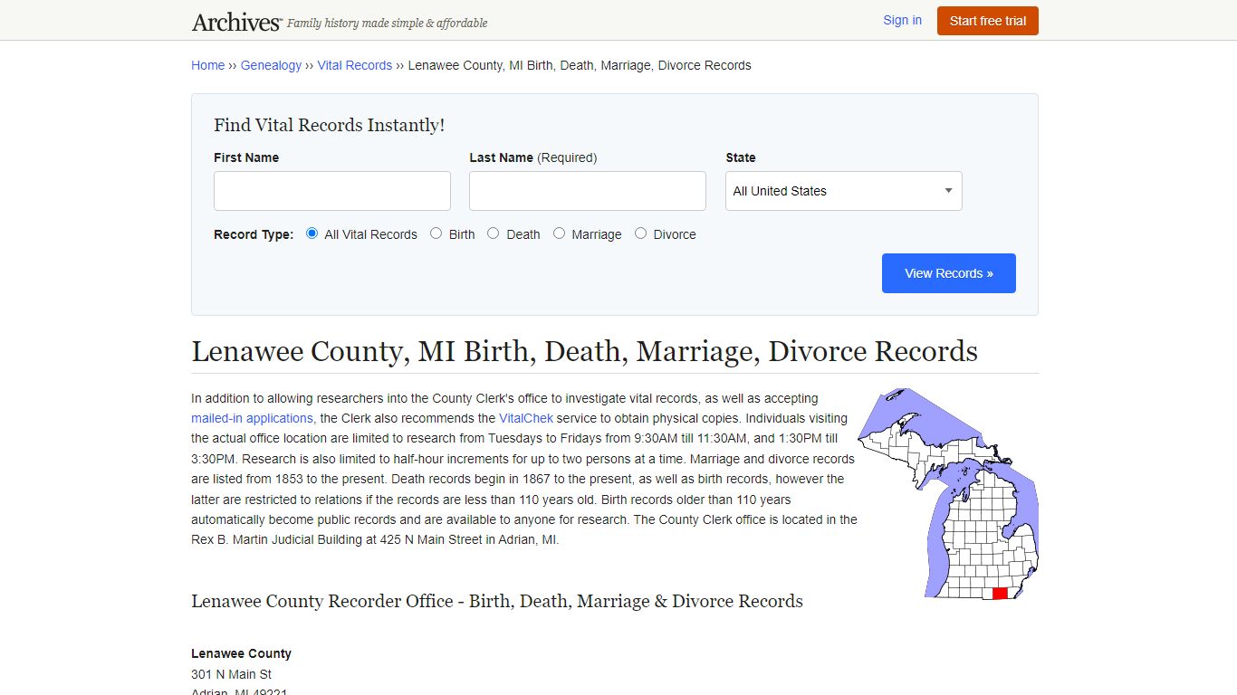 Lenawee County, MI Birth, Death, Marriage, Divorce Records